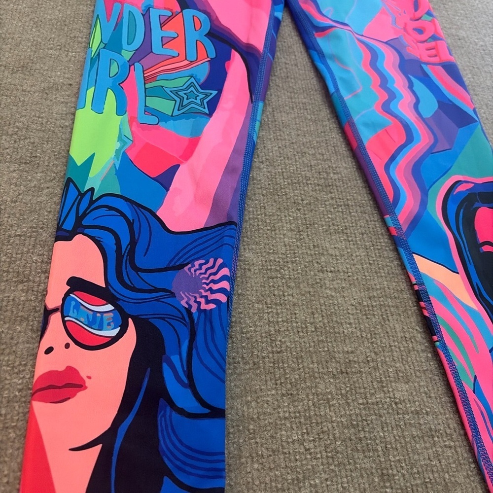 Psychedelic 70s Mod Graphic Pink Waistband Leggings medium 0483 - Picture 2 of 5